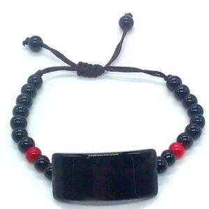 Adjustable Corded Beaded Bracelet Glass Black Red Beads